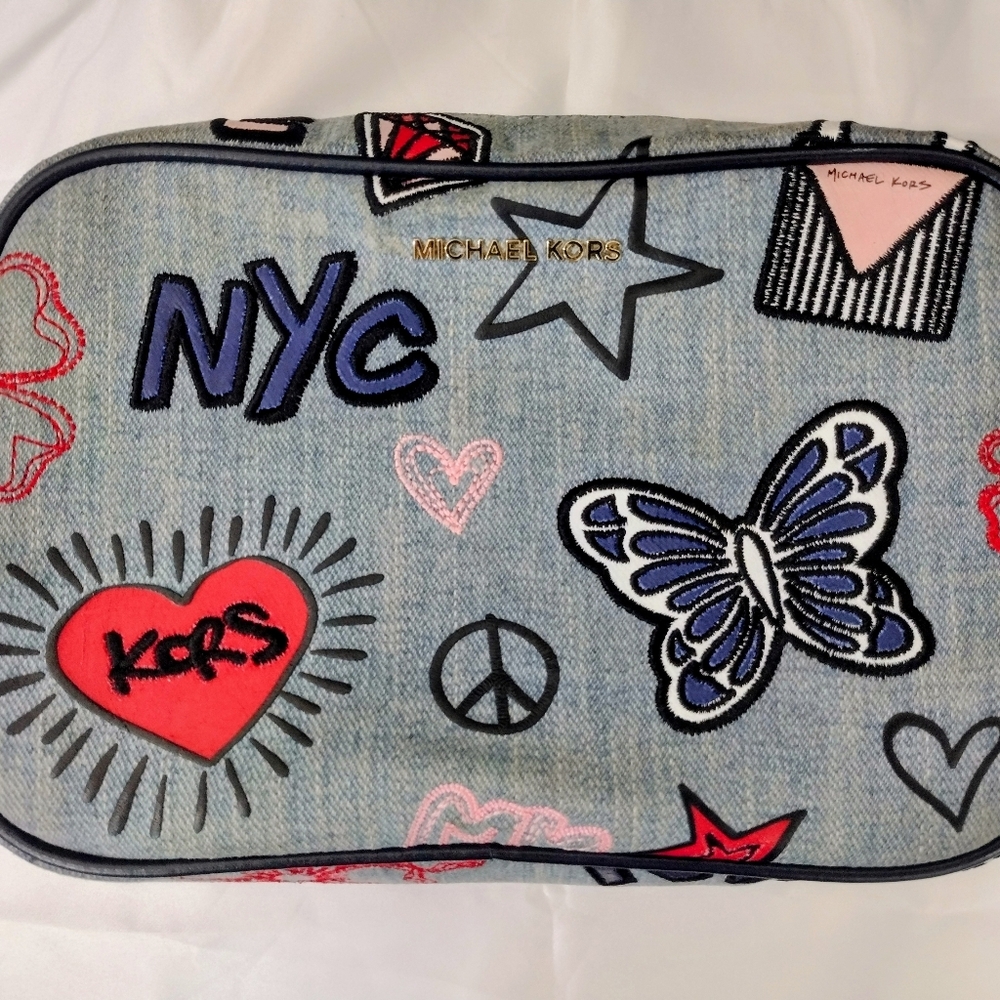 Michael Kors Ginny Medium Embroidered Denim Cosmetic Bag